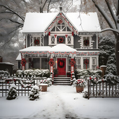 christmas house in the snow winter time