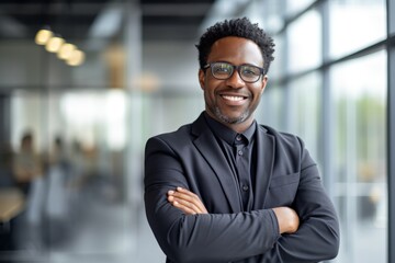 Mid adult African American Black businessman arms crossed smiling looking at camera in modern office wearing eyeglasses