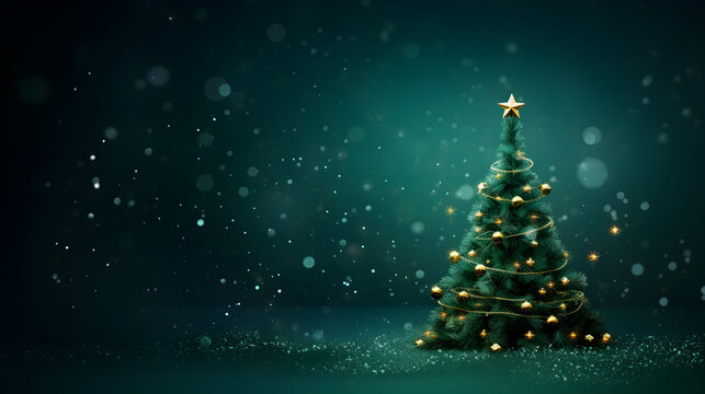 christmas background green themed with golden bokeh and xmas tree