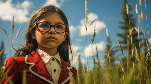 Portrait of an adorable cute caucasian baby girl, on green grass in a park outside with a large Canadian flag in the background.