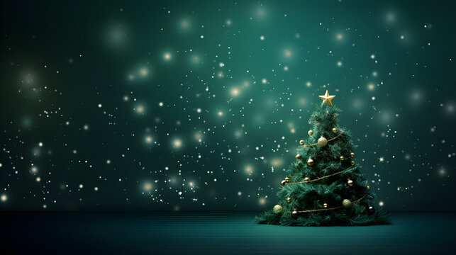 christmas background green themed with golden bokeh and xmas tree
