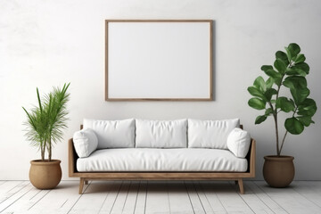 Living room with sofa Scandinavian Nordic interior design with empty wooden photo frame border on light wall. Mock up template copy space for text