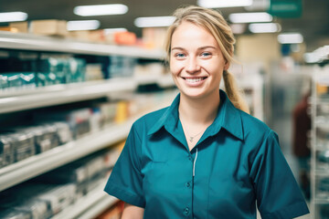 Portrait of a smiling young female supermarket worker. Friendly pleasant female looking at camera. Employee in a work uniform. 