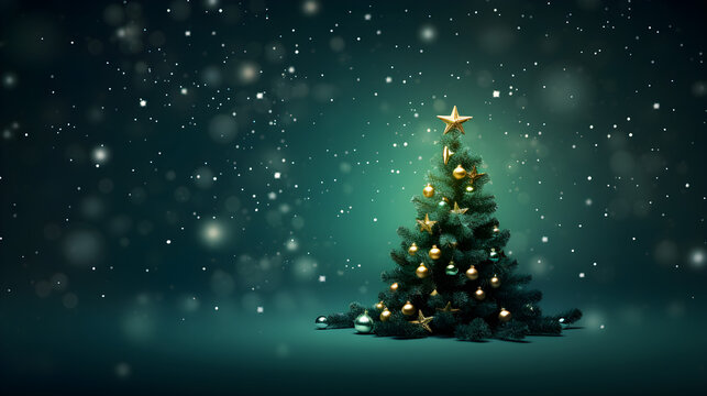 christmas background green themed with golden bokeh and xmas tree