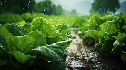 Rain watering plants in farmer's field