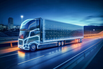 Futuristic Technology Concept: Autonomous Semi Truck with Cargo Trailer Drives at Night on the Road with Sensors Scanning Surrounding.