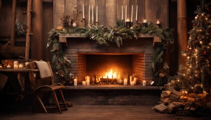Cozy fireplace with traditional, seasonal christmas decoration.