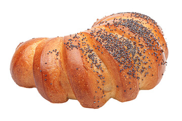 homemade food, bagel horn with poppy seed sprinkles, baked goods on white background