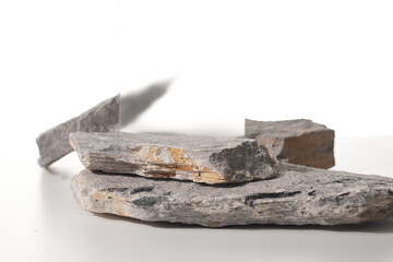 Flat stone pedestal on white background, textured template for mock-up, banner. Minimalism concept, empty podium display product, presentation scene