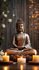 Serene Buddha Statue with Candles and Soft Light
