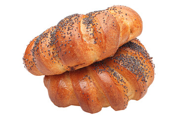 homemade food, bagel horn with poppy seed sprinkles, baked goods on white background