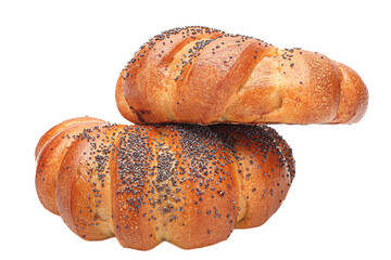 homemade food, bagel horn with poppy seed sprinkles, baked goods on white background