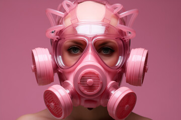 portrait of a girl in a pink gas mask - obrazy, fototapety, plakaty