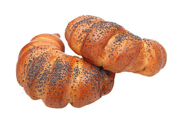 homemade food, bagel horn with poppy seed sprinkles, baked goods on white background