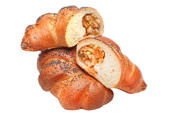 homemade food, bagel with sliced apples, bakery product isolated on white background