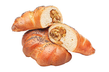 homemade food, bagel with sliced apples, bakery product isolated on white background