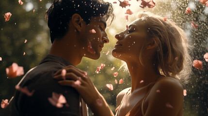 Romantic Man Showering Flower Petals on His Beloved Woman in the Park