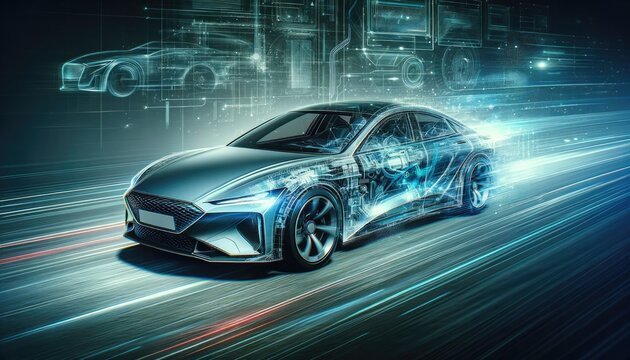 A dynamic image of a car with a digital overlay, showcasing the concept of automotive technology and speed