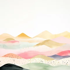 Foto op Aluminium Abstract watercolor mountain landscape in a pastel color palette with gold accents, blending dreamy pinks, blues, and sandy tones. High quality illustration. © Infusorian