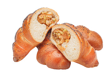 homemade food, bagel with sliced apples, bakery product isolated on white background