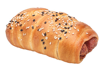 burger multiple sausage, bakery products on white isolated background, homemade food baked goods