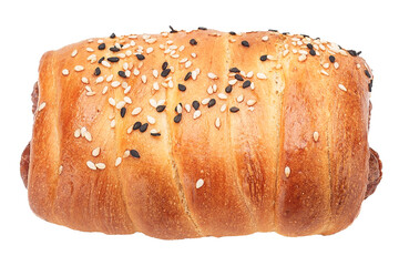 burger multiple sausage, bakery products on white isolated background, homemade food baked goods