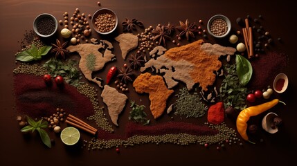 A World Map Surrounded by an Array of Diverse and Aromatic Spices