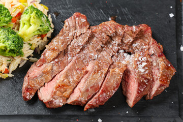 Beef entrecote steak. Close up photo with a dish made of beef entrecote medium rare steak. Barbecue...