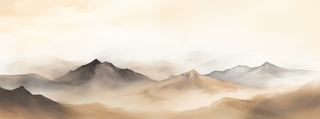 Watercolor painted panoramic mountain landscape. - obrazy, fototapety, plakaty