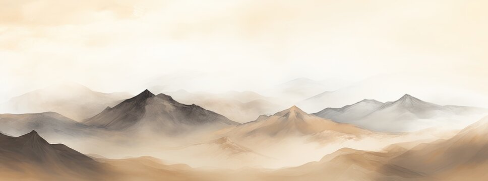 Watercolor painted panoramic mountain landscape.