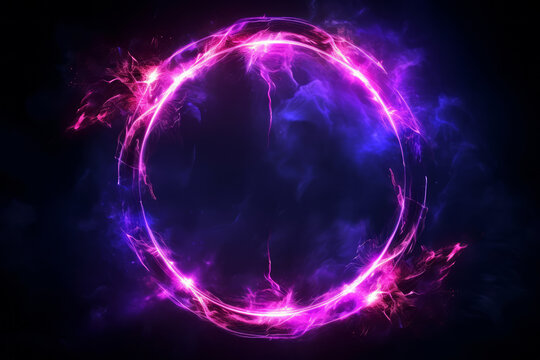 Neon purple doorway portal with luminous lightning on dark blue background. Futuristic time travel concept