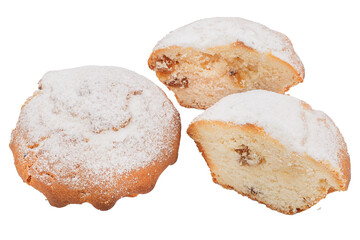 homemade food, cupcake sprinkled with powdered sugar, baked goods on a white background