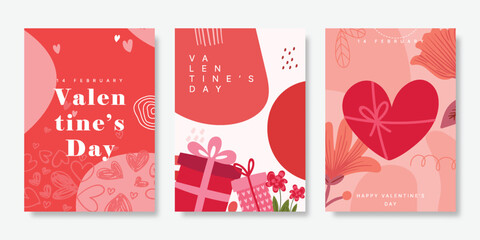 Happy Valentines Day card set. Modern abstract design with hearts, gift, flower. Template for ads, branding, banner, cover, label, poster print.