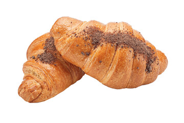 Croissants sprinkled with chocolate chips on top, isolated on white background