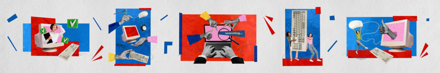 Creative poster collage of panorama collection working process employee computer online freelance office billboard comics zine minimal