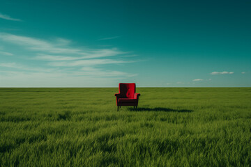An empty red armchair in the meadow