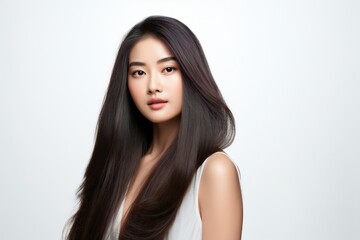 Naklejka premium Young Asian beauty woman long hair isolated white background