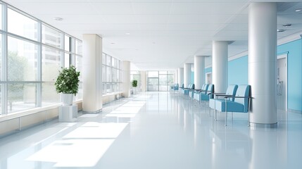 Empty modern hospital corridor with rooms and seats waiting room in medical office. Healthcare service interior