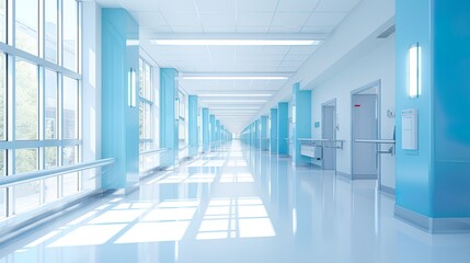 Obraz premium Empty modern hospital corridor with rooms and seats waiting room in medical office. Healthcare service interior