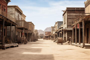 empty street in an old wild west town with wooden buildings - obrazy, fototapety, plakaty