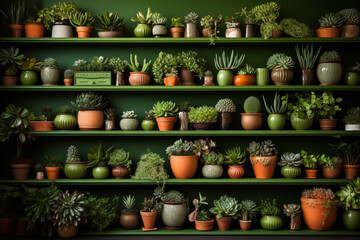 a shelf with lots of green plants in pots