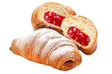Croissants with strawberry jam, isolated on white background