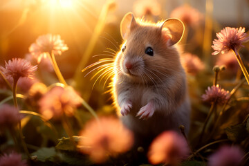 hamster with flowers on background