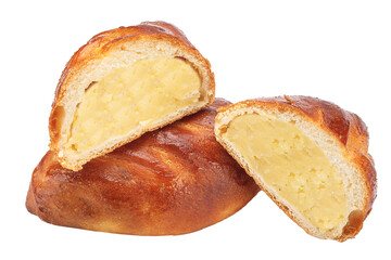 homemade food pastries, bun pie, stuffed boiled potatoes, bakery products on a white isolated background