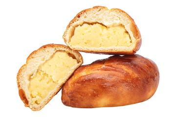 homemade food pastries, bun pie, stuffed boiled potatoes, bakery products on a white isolated background