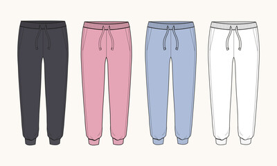 Sweatpants Technical drawing fashion flat sketch  vector illustration template for ladies