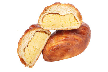 homemade food pastries, bun pie, stuffed boiled potatoes, bakery products on a white isolated background