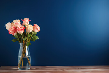 Fototapeta premium Wooden table glass vase with bouquet of roses flowers deep blue wall