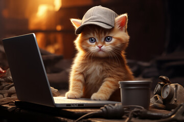 The kitten is a hard worker, overworking and fatigue - obrazy, fototapety, plakaty
