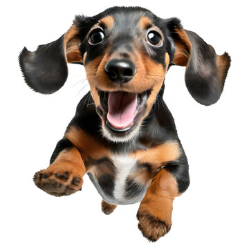 Cute dachshund puppy jumping. Playful dog cut out at background.